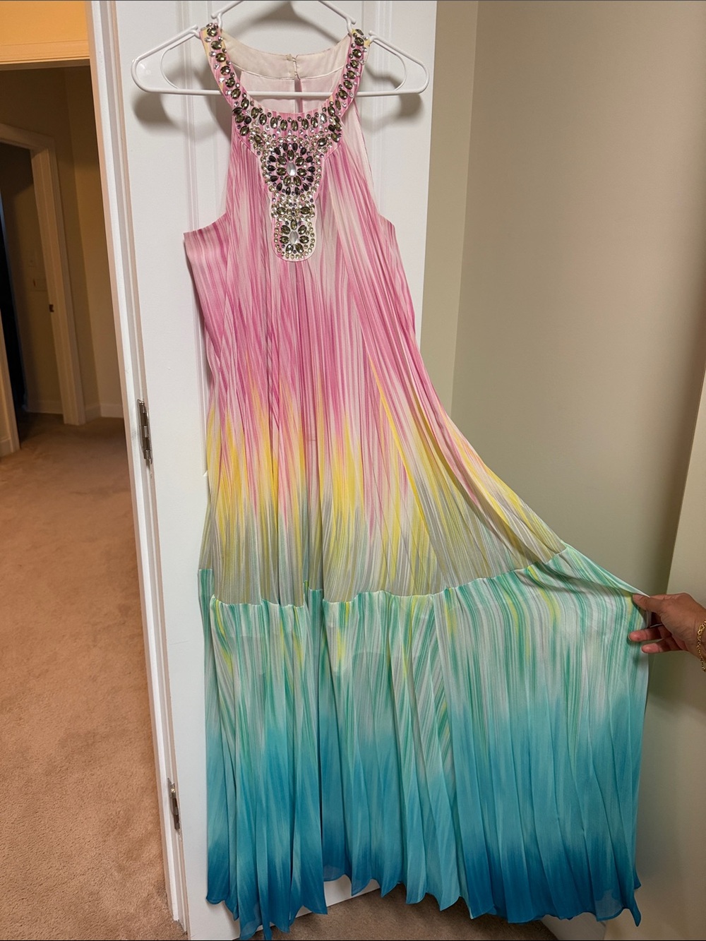 BCBGMaxAzria Pink Yellow Aqua Ombre Beaded Halter Maxi Dress